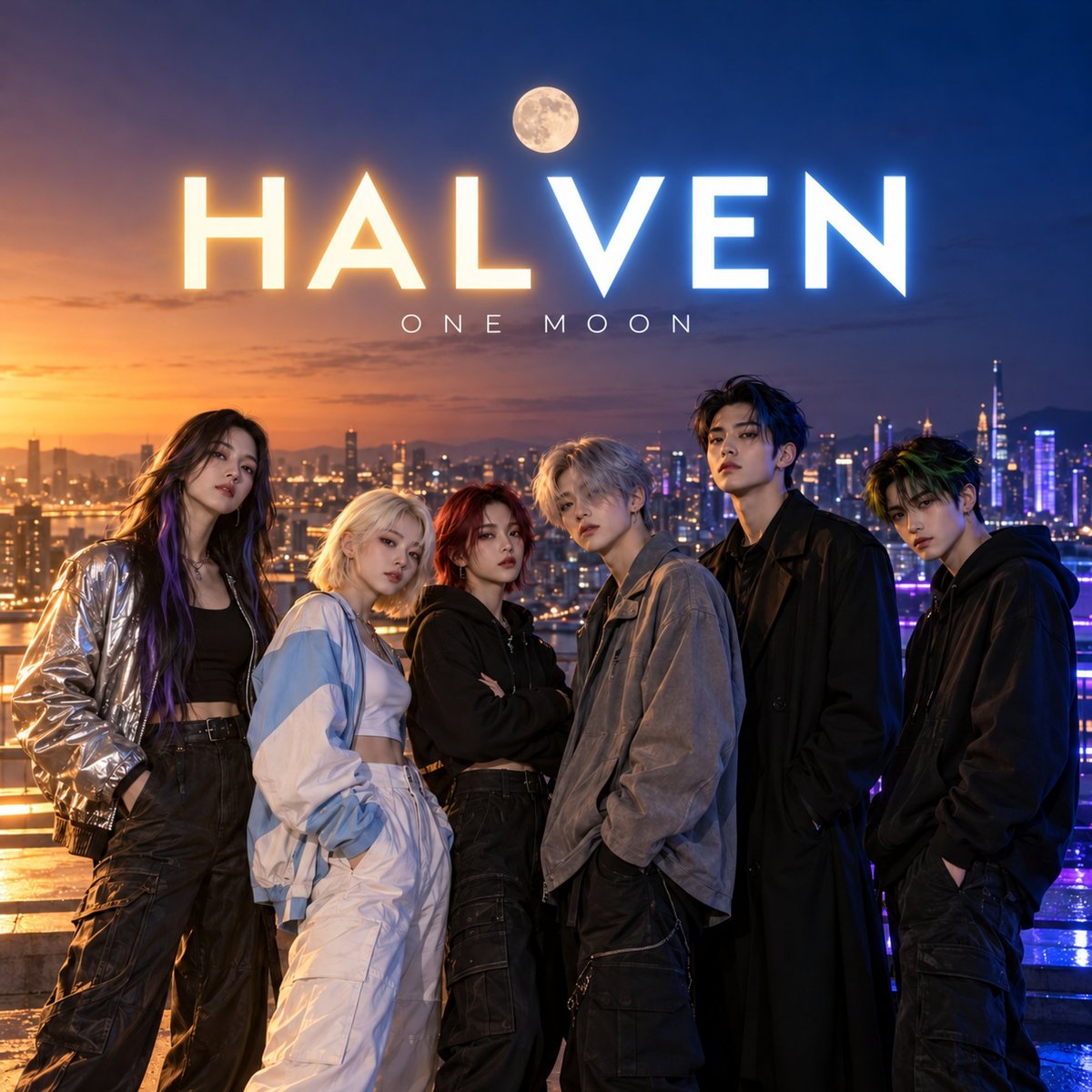 One Moon album cover, the six members of Halven on a rooftop at dusk